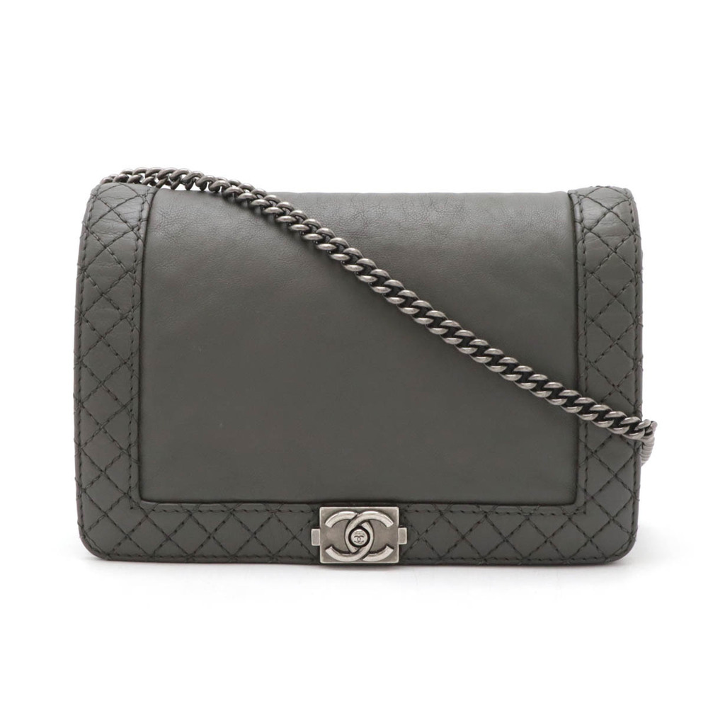 CHANEL Boy Coco Mark Chain Wallet Bag Crossbody Quilted Grey